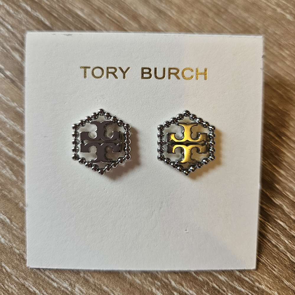 Tory Burch Silver Hexagon Stud Earrings